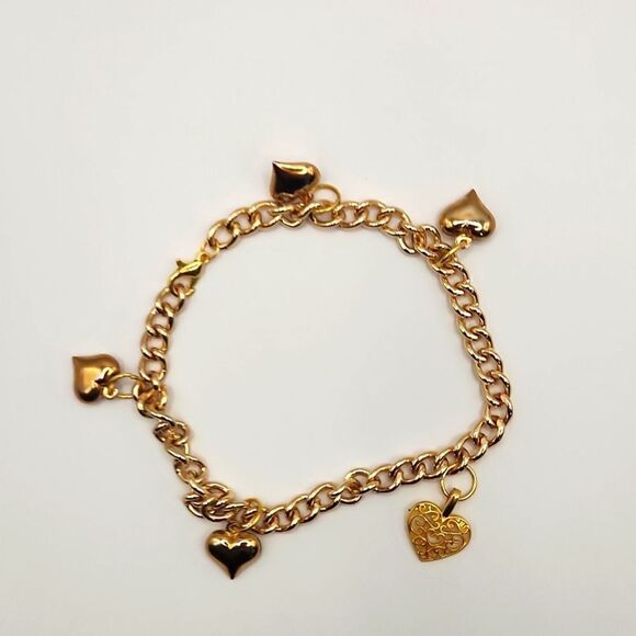 🦉Repurposed handcrafted gold-plated link chain with heart charms bracelet - Picture 1 of 5